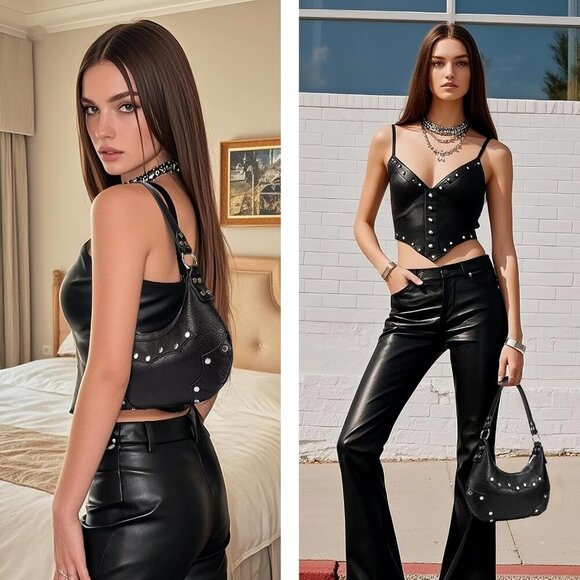 Women's Goth Y2K Mini Purse Small Shoulder Bag with Rivets and Zipper - Picture 3 of 7